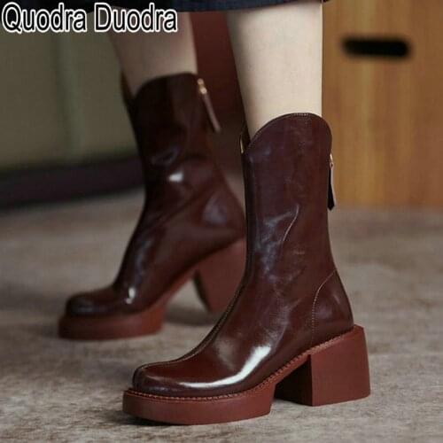 Genuine Leather Boots New Winter Women shoes zip Platform Thick High Heels Round Toe Chelsea boots Lady chunky Fashion Ankle Big