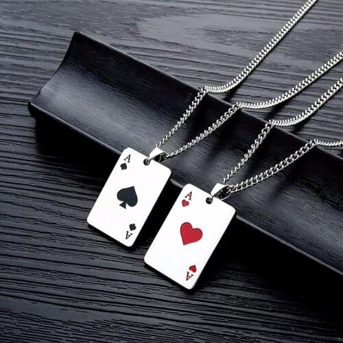 Hip Hop Mens Necklace Stainless Steel Chain Red Black A Heart Playing Cards Pendant Necklace for Men Casino Lucky Jewelry Gift