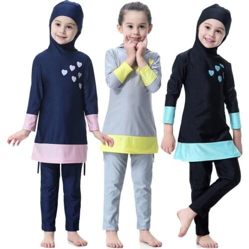 Children Girls Modesty Muslim Swimwear Swimsuit Full Cover Islamic Beachwear Swimming Heart Pattern