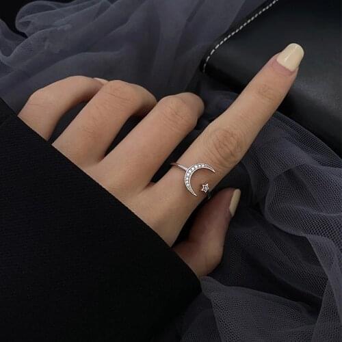 925 Sterling Silver Crystal Star Moon Ring For Women Girls Party Couple Jewelry jz476
