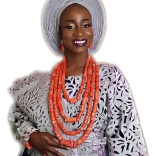 4UJewelry Nigerian Wedding Jewelry Sets 4 Layers Orange / Red / White Edo Traditional Bridal Necklace Set 3 PCS 12MM + Coral Set