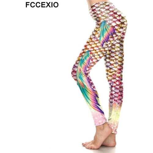 FCCEXIO Dazzle Shining Mermaid Wings High Waist Leggings Fish Scales Print Legging Stretch Fitness Legins Women Workout Pants
