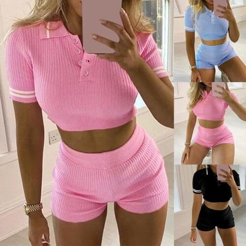 Summer Fitness Sportswear Women Two-Piece Button Elastic Knit Top Shorts Casual Tight Streetwear One Size