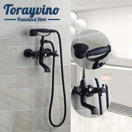 Matte black Luxury Shower Faucet Set dusch armaturen Wall Mounted Brass taps phone Rainfall Hand Shower double Handle Faucets