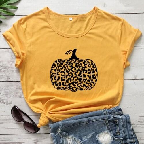 Trendy Autumn Short Sleeve Graphic Halloween Tee Shirt Top Leopard Pumpkin T-shirt Cute Womens Thanksgiving Tshirt