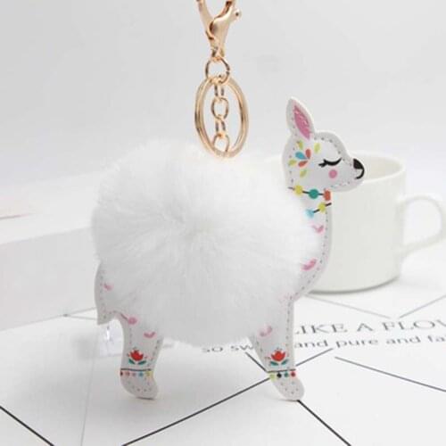 Fashion Fluffy Fur Ball Cute Alpaca Keychains Leather Animal Keyring Charm Fluffy Rabbit Fur Pompom Key fob Women Jewelry