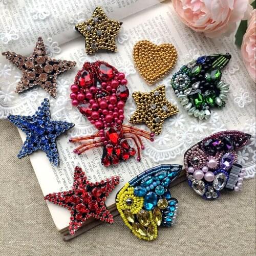 4pieces rhinestones hand-beaded gold love lobster star patch DIY clothing sweater coat hand-sewn accessories