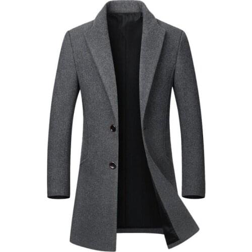 2019 Autumn Winter Warm Mens Wool Blend Trench Coat Slim Fit Pea Coat Business Casual Long Woolen Coat Jacket-F