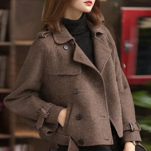 Large Size Womens Autumn Short Plaid Woolen Coat Winter Jacket 2019 Classic Temperament Double-breasted Ladies Outwear f2213