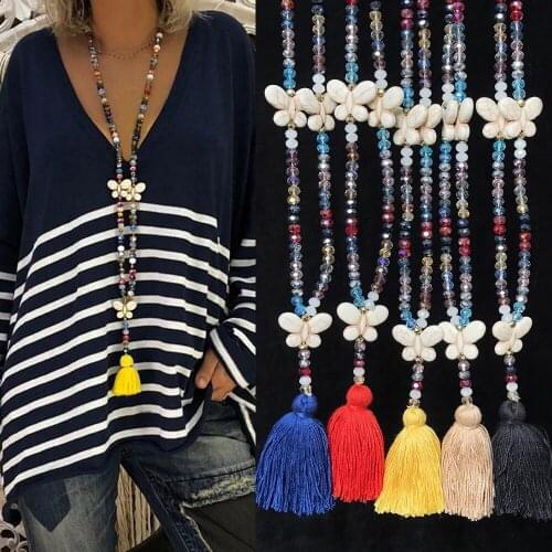 Natural Stone Butterfly Pendant Handmade Tassel Bohemia Rainbow Color Crystal Beads Necklace Fashion Dresses Sweater Accessory