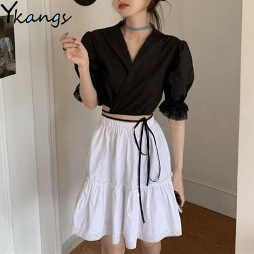 Sexy Lace Turn Collar Short Sleeve V-neck Blouses 2021 Women Summer Goblincore High Waisted Y2k Pleated White Patchwork Skirts