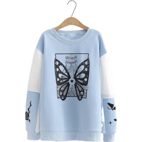 Blue Women Sweatshirts Cartoon Butterfly Print Patchwork Pullover Hoodies 2020 Autumn Long Sleeve O-neck Cotton Tracksuits Tops