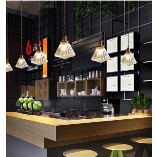 Nordic Brass Glass LED Pendant Lights Fixture Diamond Shade Hanging Lamp Restaurant Bar Retro Indoor Lighting For Kitchen Island