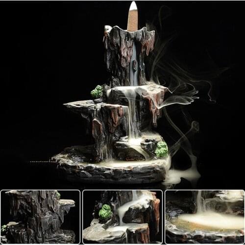 Resin High Mountain Waterfall Backflow Incense Burner Incense Cones Home Holder for Home Office Decor 14*13*19cm