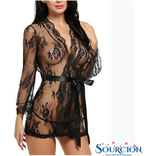SWT Womens Sexy Lingerie See-through Mesh Sleepwear Lace Transparent Womens Robe Bathrobes