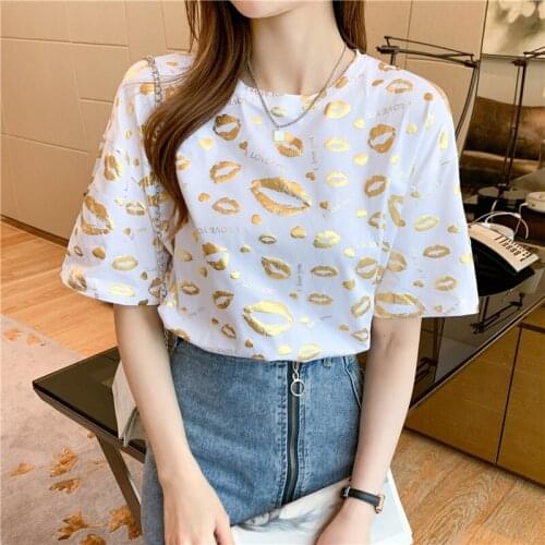 Lip pattern Sexy Tees Women 2021 Summer New gilded printed Cotton Short Sleeve T-shirt womens top Loose Women Casual 610E