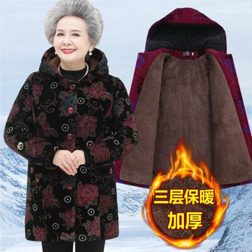 Elderly Women Winter Jacket Coats Plus Size 5XL Old People Warm Outerwear Thicken Warm Velvet Hooded Parkas Grandmother Parka