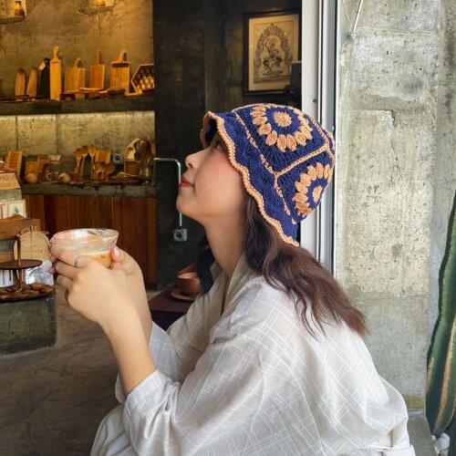 Hollow Flower Knitted Fisherman Hats For Women Handmade Crochet Color Matching Basin Hat Spring and Summer Sunscreen Sun Gorro