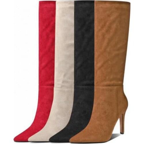 Women Suede Boots 2021 Autumn Knee High Boots Pointed Toe Thin Heels Slip-on Short Plush Fashion Shoes High Boots Botas