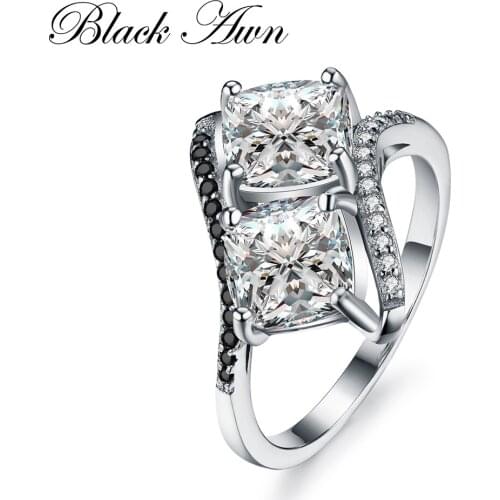 [BLACK AWN] Fine Jewelry 100% Genuine 925 Sterling Silver Trendy Wedding Rings for Women with Black&White Stone Bijoux C197