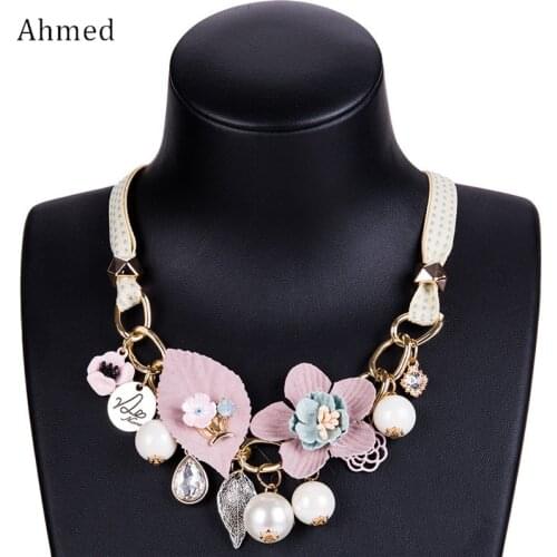 Ahmed New Ethnic Plastic Flower Leaves Coin Pendant Necklaces for Women Fashion Bohemian Pearl Sweater Necklace Jewelry