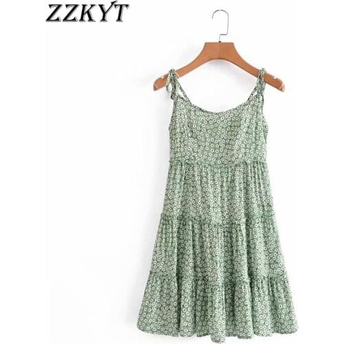 ZZKYT 2021 Women Summer Fashion Floral Print Bow Tie Straps Mini Dress Vintage Sleeveless Backless Ruffles Party Female Dress