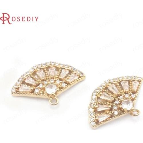 38231)4PCS 14x21MM 24K Champagne Gold Color Brass and Zircon Fan Shape Charms Pendants High Quality Diy Jewelry Accessories