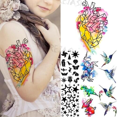 3D Watercolor Heart Arm Unique Temporary Tattoos For Kids Women Hummingbird Stars Doodle Fake Tattoocute Waterproof Tatoos Decal