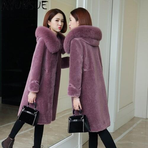 AYUNSUE Autumn Winter Coat Women 100% Wool Real Fur Coat Female Sheep Shearing Fur Jacket Natural Fox Fur Collar Long KJ6618