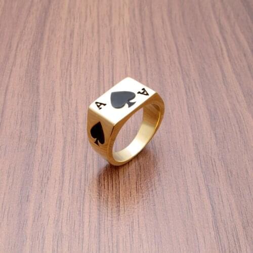 Free Shipping Punk 316L Stainless Steel Mens Fashion Gold-Plated Lucky Ace Of Spades Playing Card Letter A Ring Jewelry