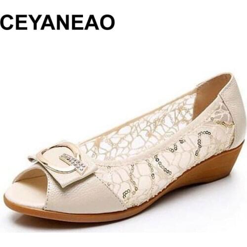 CEYANEAO Summer leather fish mouth plus size 43 female sandals fashion wedges breathable lightweight soft leather mesh mother