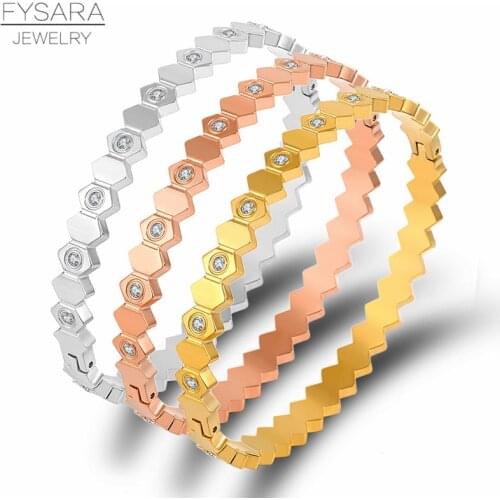 FYSARA Geometry Round Bangles For Women Titanium Steel Rhinestone Bracelets Gold Silver Color Punk Jewelry Crystals Bangle