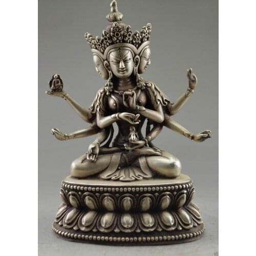 Collectible Decorated Old Handwork Tibet Silver Carve Buddha 3 Head 6 Arm Statue metal handicraft