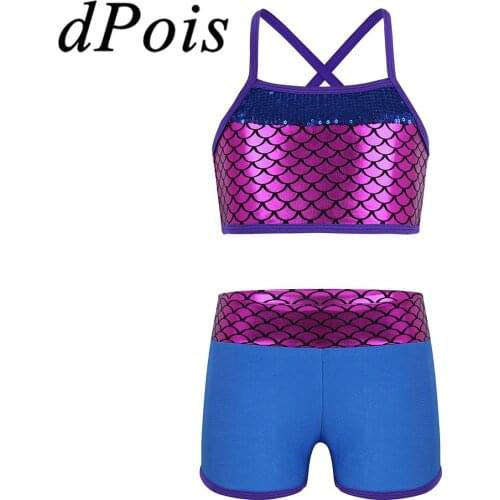2PCS Kids Girls Tankini Outfit Ballet Sets Mermaid Scales Printed Tank Top + Bottoms Child Swimsuits Sequins Swimwear Dancewear
