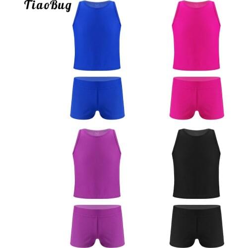 Summer 2Pcs Kids Girls Solid Color Sport Suit Round Neck Sleeveless Racer Back Yoga Running Fitness Vest Top Shorts Bottoms Sets