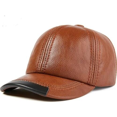 Top layer cowhide hats men autumn leather hats mens trendy baseball caps casual leather hats middle-aged and elderly men