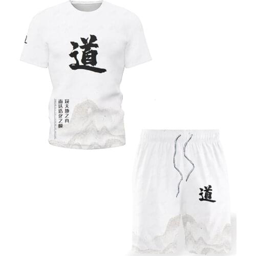 2021 summer mens sports suit Chinese style short-sleeved T-shirt suit white new Buddhist and Taoist retro two-piece 3D printing