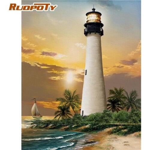RUOPOTY Ship And Lighthouse Landscape Painting By Numbers Kits Home Decoration Wall Artcraft Adults Children Unique Gift Picture