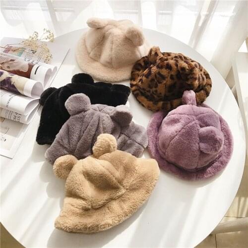 Winter Baby Bucket Hat with Bear Ears Leopard Plush Panama Hat for Children Thick Warm Infant Toddler Kids Cap Baby Accessories