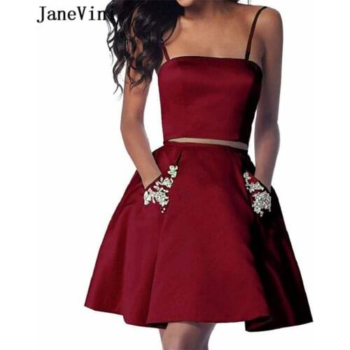 JaneVini Two Pieces Burgundy Satin Homecoming Dresses Spaghetti Straps Backless Short Gowns with Beaded Girls Graduation Dresses