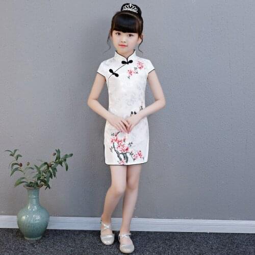 Lovely Chinese Child Girl white Floral Printing Cheongsam Dress girls Qipao Cotton Dress New Year gift Party Evening Wear