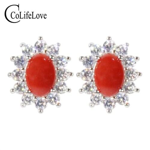 CoLife Jewelry Red Coral Earrings 100% Natural Red Coral Srud Earrings Fashion 925 Silver Red Coral Jewelry Gift for Woman