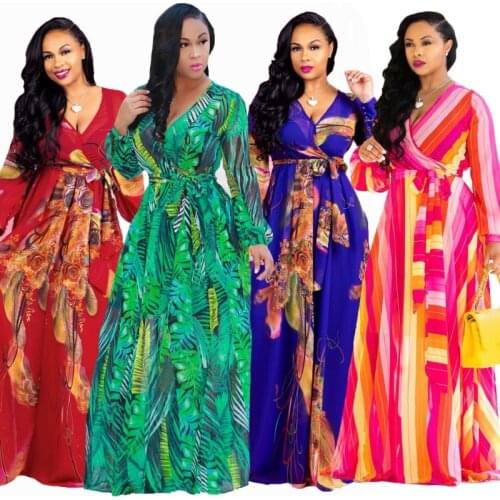 Chiffon Long-Sleeved Dress Vestidos Playeros Verano Mujer Beach Sexy Womens European Dashiki Print Casual Loose Slim Long Dress