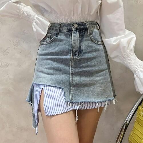 Denim Ripped Irregular Striped Stitch Mini Korean Fashion High-Waisted Vintage Spring Autumn Summer WomenS Clothing Skirts 2021