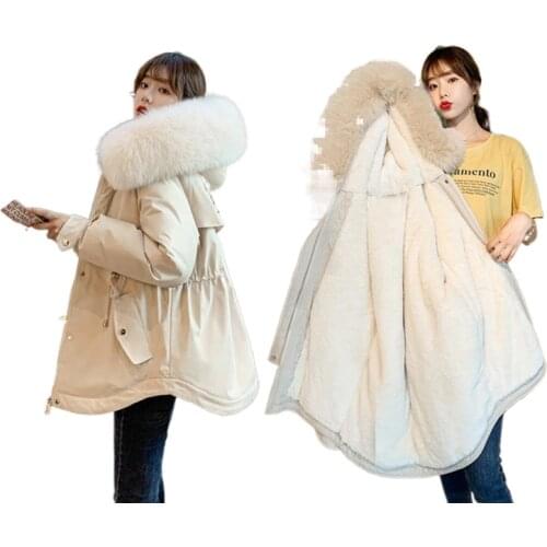 2021 Ladies Wool Liner Thicken Hooded Parkas Women Slim With Big Fur Collar Outerwear Autumn Winter Jacket Women Coat