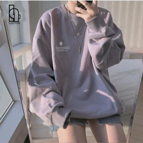 Women Simple Letter Korean Long Sleeve Hoodies Autumn Thin Chic Purple Harajuku Femme Pullovers Oversized Black Girl Streetwear