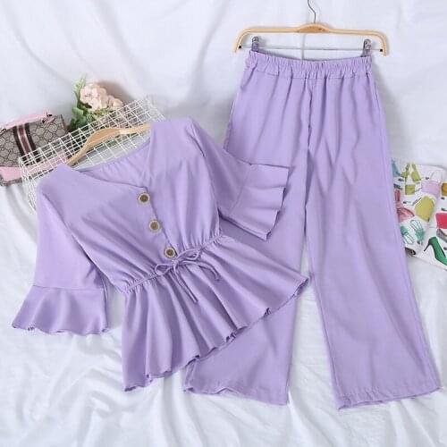 Women 2 Piece Summer Sets 2021 New Fashion V-neck Crop Top High Waist Slim Wide Leg Pants Suit Womens Trouser Casual Clothing