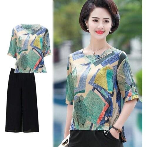 Summer Middle-aged Chiffon Two Piece Set Womens Printed Short Sleeve T-shirt & Pants Sets Female Large Size Loose Tracksuit L445