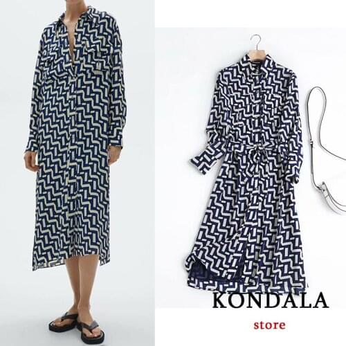 Women Vintage Geometric Print Dress Za Fashion 2021 Sashes A-Line Midi Dresses Female Long Sleeve Office Lady Dresses Vestidos