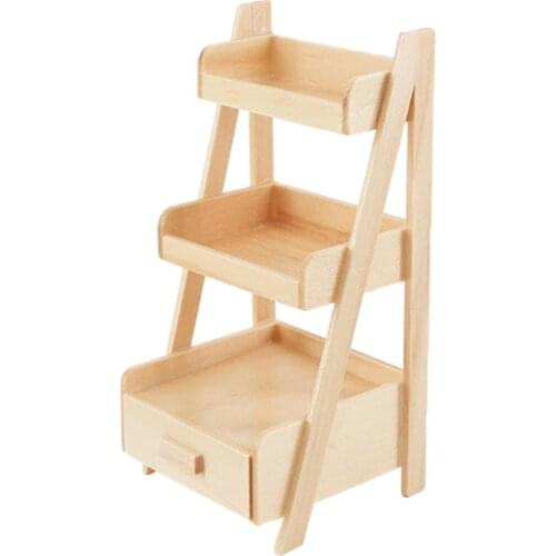 1:12 Miniature 3-Tire Wood Ladder Shelf Storage with Drawer Dollhouse Furniture Accessories Toy